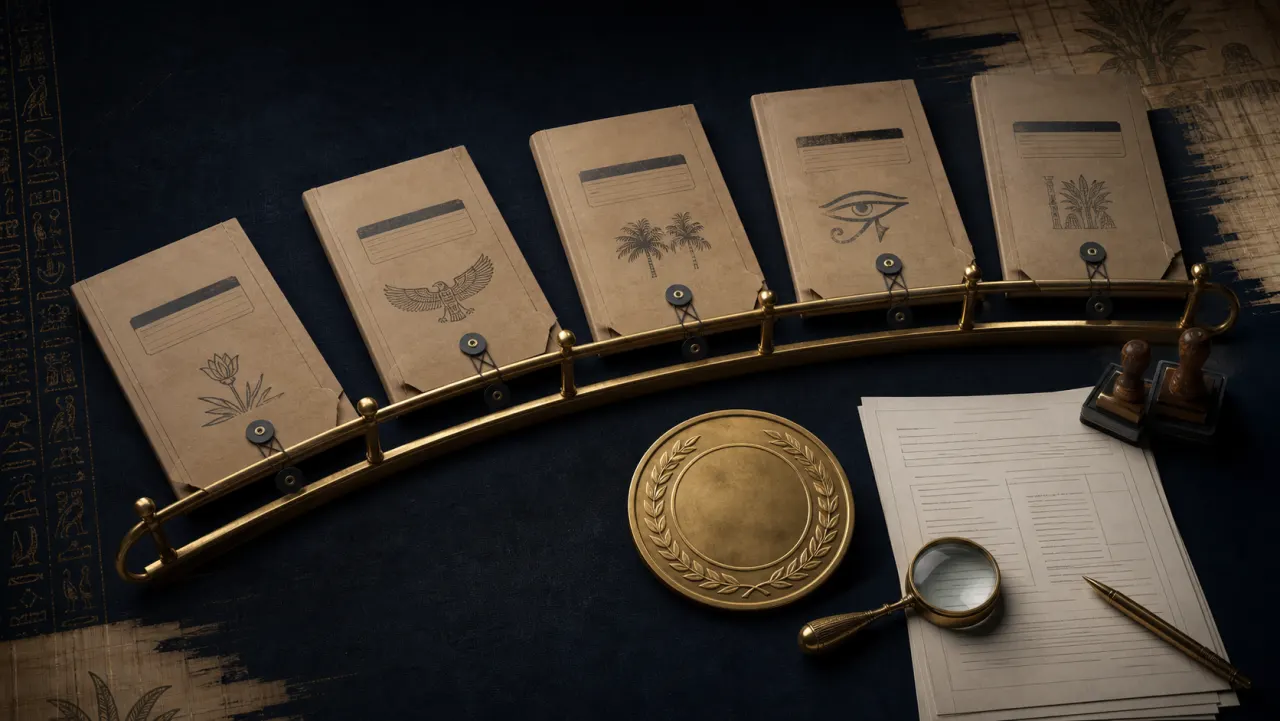 Five gold editorial award shields arranged on a review desk