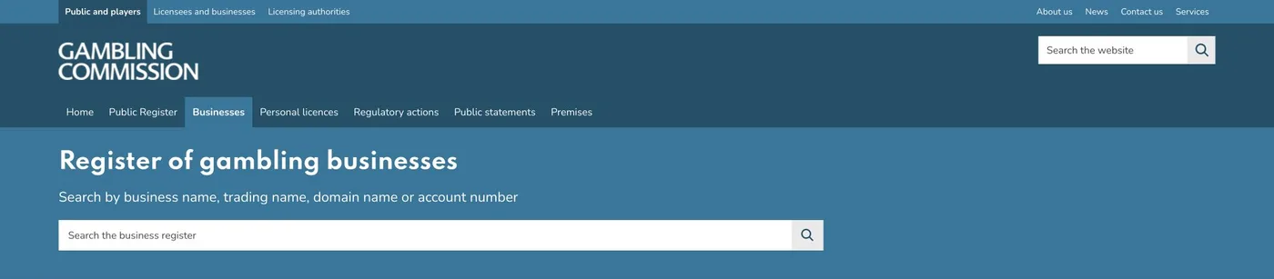 UK Gambling Commission public business register search page